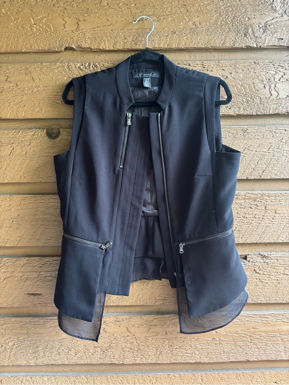 Kenneth Cole Black Sleeveless Zip-Front Vest with Sheer Hem
